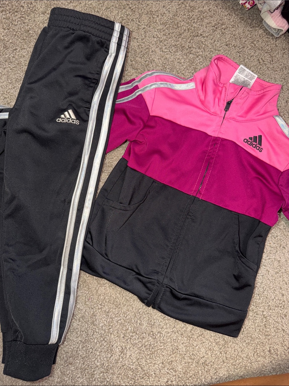 adidas Kids Pink & Magenta Colorblock Track Jacket with Black Pants 3t